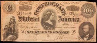 $100 Confederate Note.  February 17th 1864.  42692. photo
