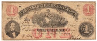 $1 Dollar 1862 Virginia Treasury Note Great Confederate Va Type Note Paper Money photo