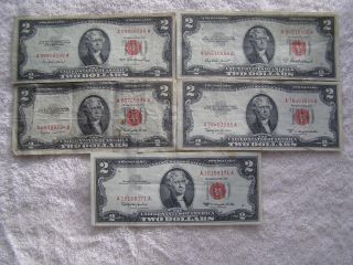 5 Different $2 Red Seal Usn ' S 1953,  A,  B,  C,  & 1963 Series $10 Face Value photo