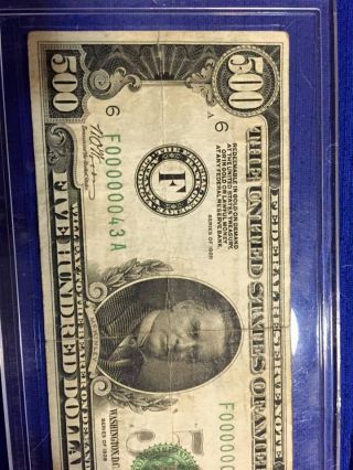 Rare 1928 Double Digit $500 Bill 43 Second Lowest Known To Exist photo