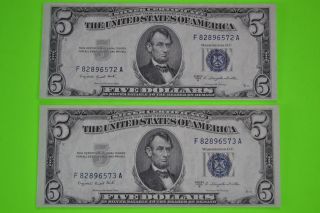 2 Consecutive 1953 B $5.  00 Blue Seal Silver Certificates photo