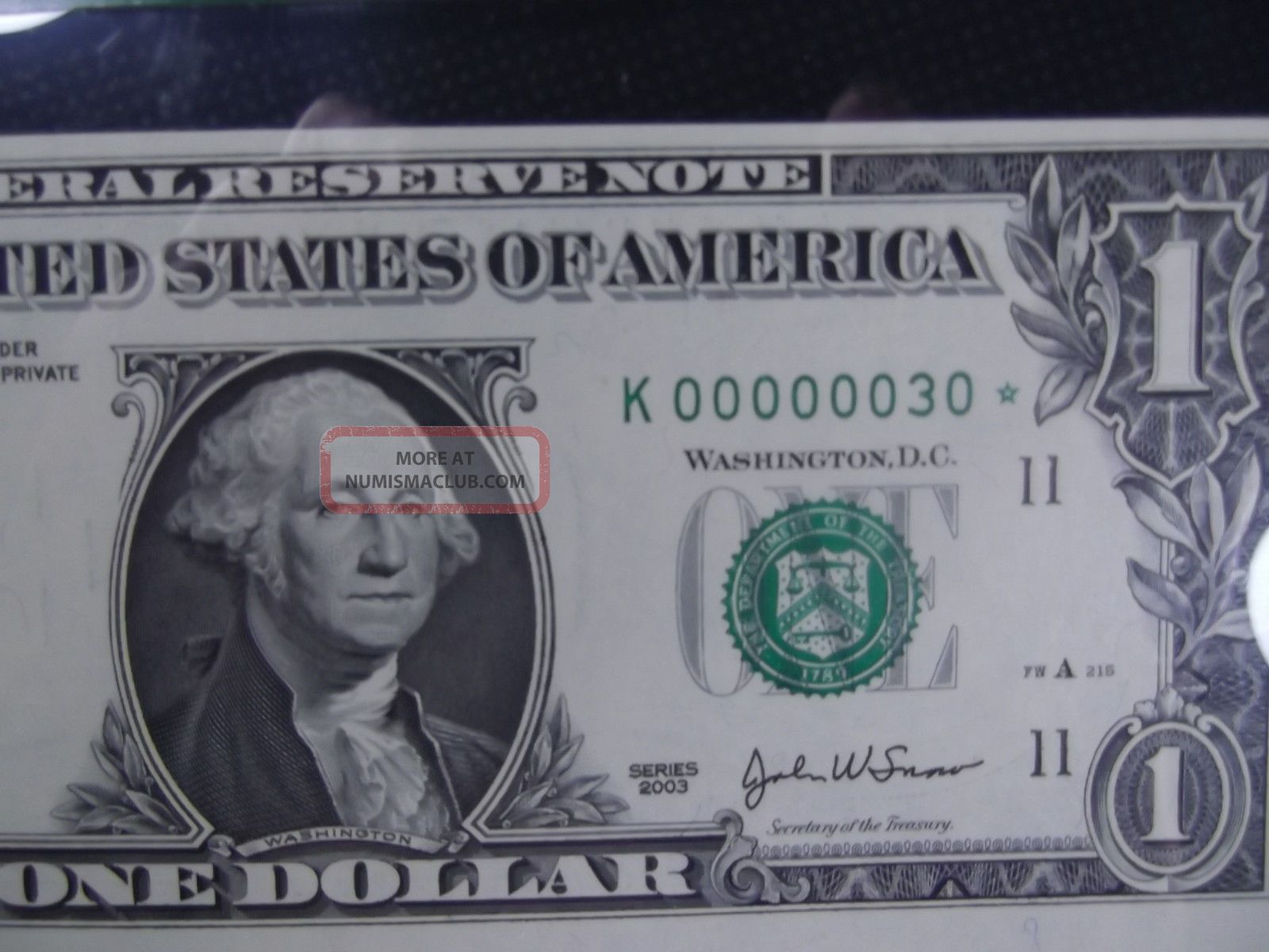 1$ 2003 Low 2 Digit Binary Star S/n 000000 30 Pcgs64 Ppq Small Size Notes photo