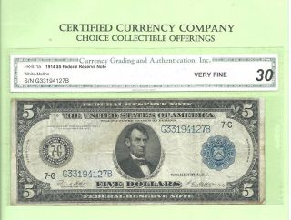 1914 $5 Chicago Illinois Fr 871 - A Federal Reserve Note Cga Very Fine 30 photo