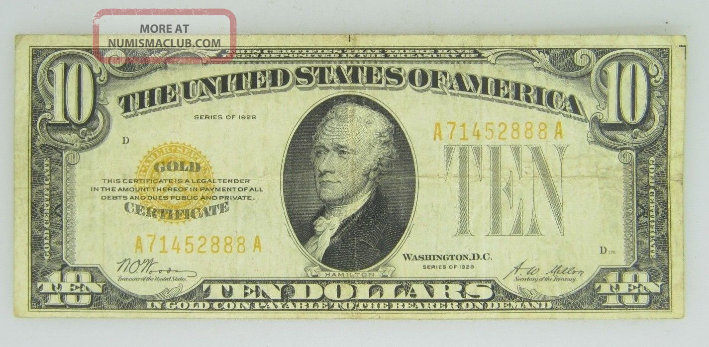 Ten Dollar $10 1928 Gold Certificate Washington D.  C Redeemable In Gold On Demand Small Size Notes photo