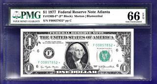 1977 $1 Federal Reserve Note Frn F - Star Cu Unc Pmg Gem 66 photo