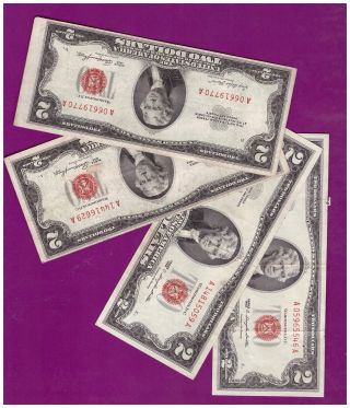 (4) 2 - 1953& 2 - 1963 Old Us Note Legal Tender Paper Money Currency Red Seal L194 photo