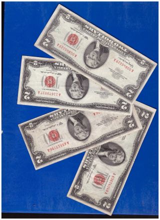 (4) 2 - 1953& 2 - 1963 Old Us Note Legal Tender Paper Money Currency Red Seal C - 22 photo
