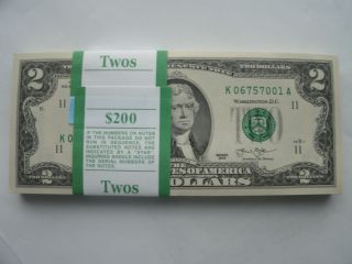 100 2013 $2 Two Dollar Bills,  Unc,   Dallas Tx Dist First Full Sleeve Chg End photo