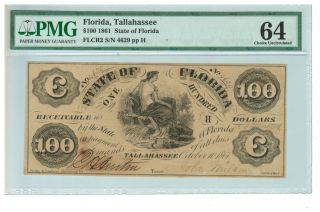 1861 $100 State Of Florida Obsolete Currency - Tallahassee,  Fl - Pmg Cu 64 photo