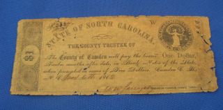1862 State Of North Carolina $1 Dollar Obsolete Bank Note Camden County photo