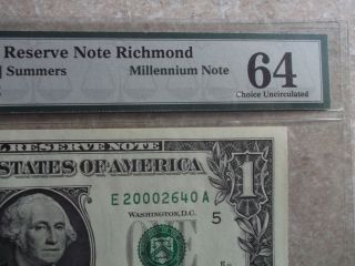 1999 $1 Pmg Millennnium Note Richmond Choice Uncirculated Grade 64 photo