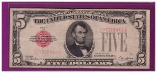 1928b 5 Dollar Bill Old Us Note Legal Tender Paper Money Currency Red Seal L155 photo