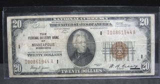 1929 National Currency Note $20 - The Federal Reserve Bank Of Minneapolis - 1944a photo