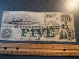 Cochituate Bank Of Boston Five Dollar Bill Dated 1853 With Sailing Ship & Sailor photo