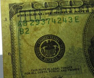 U.  S.  A $100 Dollars Series 1996,  Watermark Upside - Down Error,  Kl 4133,  Fine photo