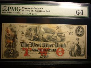 Vermont,  Jamaica $2 Pmg 64 - The West River Bank,  1860 ' S Obsolete Banknote photo