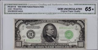 1934 $1000 One Thousand Dollar Bill Fed.  Res.  Note Cga 65 Gem Uncirculated Opq photo