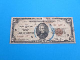 1929 $20 Dollar Bill From The Federal Reserve Bank Of Richmond Virginia photo