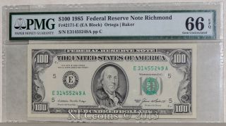 Fr.  2171 - E $100 1985 Federal Reserve Note Richmond Gem Unc 66 Epq Pmg photo