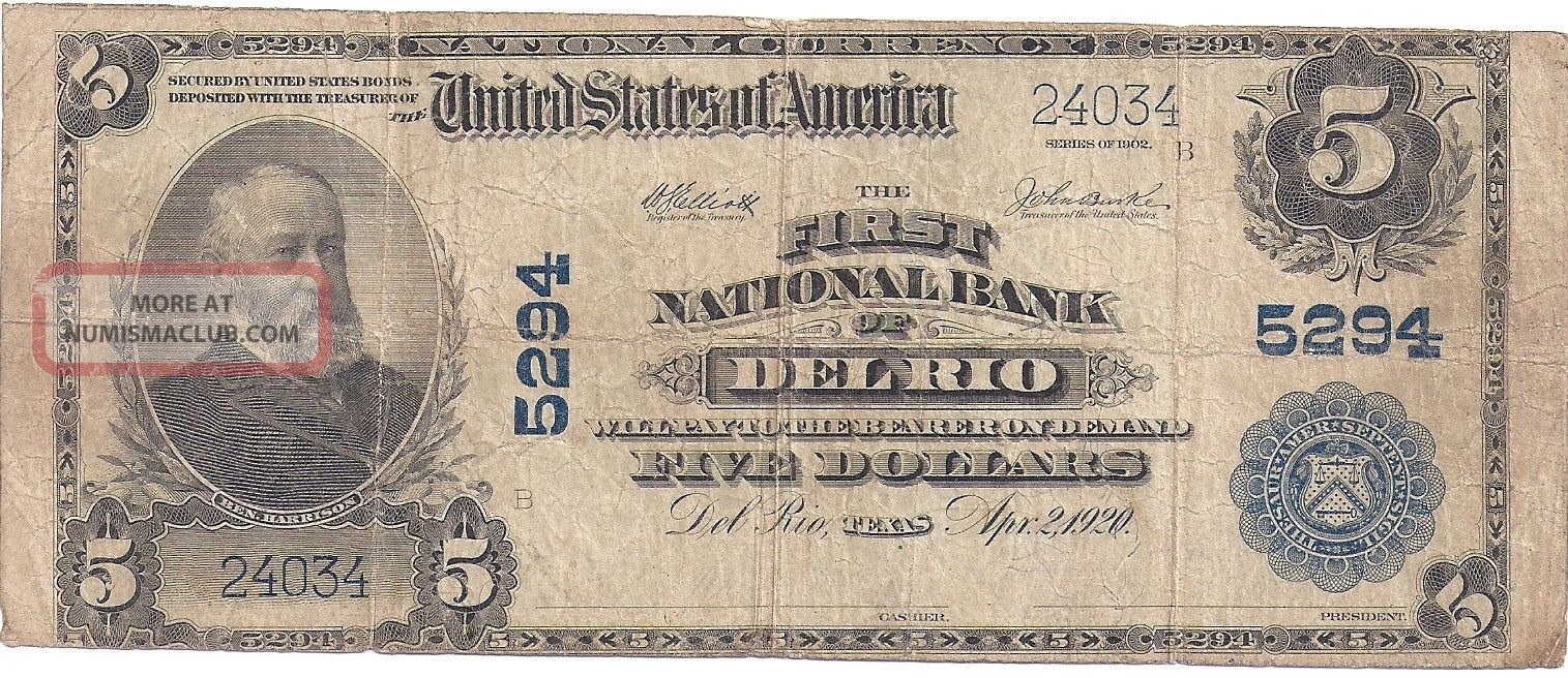 First National Bank Of Del Rio Texas 1902 $5 Plain Back Ch.  5294 Paper Money: US photo