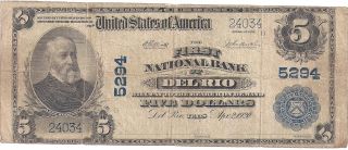 First National Bank Of Del Rio Texas 1902 $5 Plain Back Ch.  5294 photo