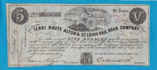 1859 $5 Terre Haute Alton & St.  Louis Railroad Company Note Fine, photo