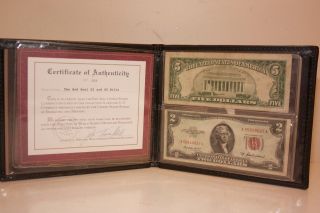 Us Red Seal $2 Two Dollar & $5 Five Dollar Bills World Reserve W/ Case & photo