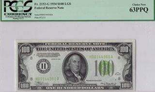 1934 $100 Federal Reserve Note Fr 2152 - G Light Green Seal Pcgs 63 Ppq photo