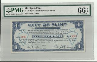 1934 $1 City Of Flint Mi Depression Scrip Pmg Gem Unc 66 Epq photo
