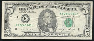 1985 $5 Five Dollars Star Frn Federal Reserve Note Dallas,  Tx photo