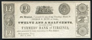 1839 12 1/2 Twelve & A Half Cents Farmers Bank Of Virginia Obsolete Banknote Unc photo