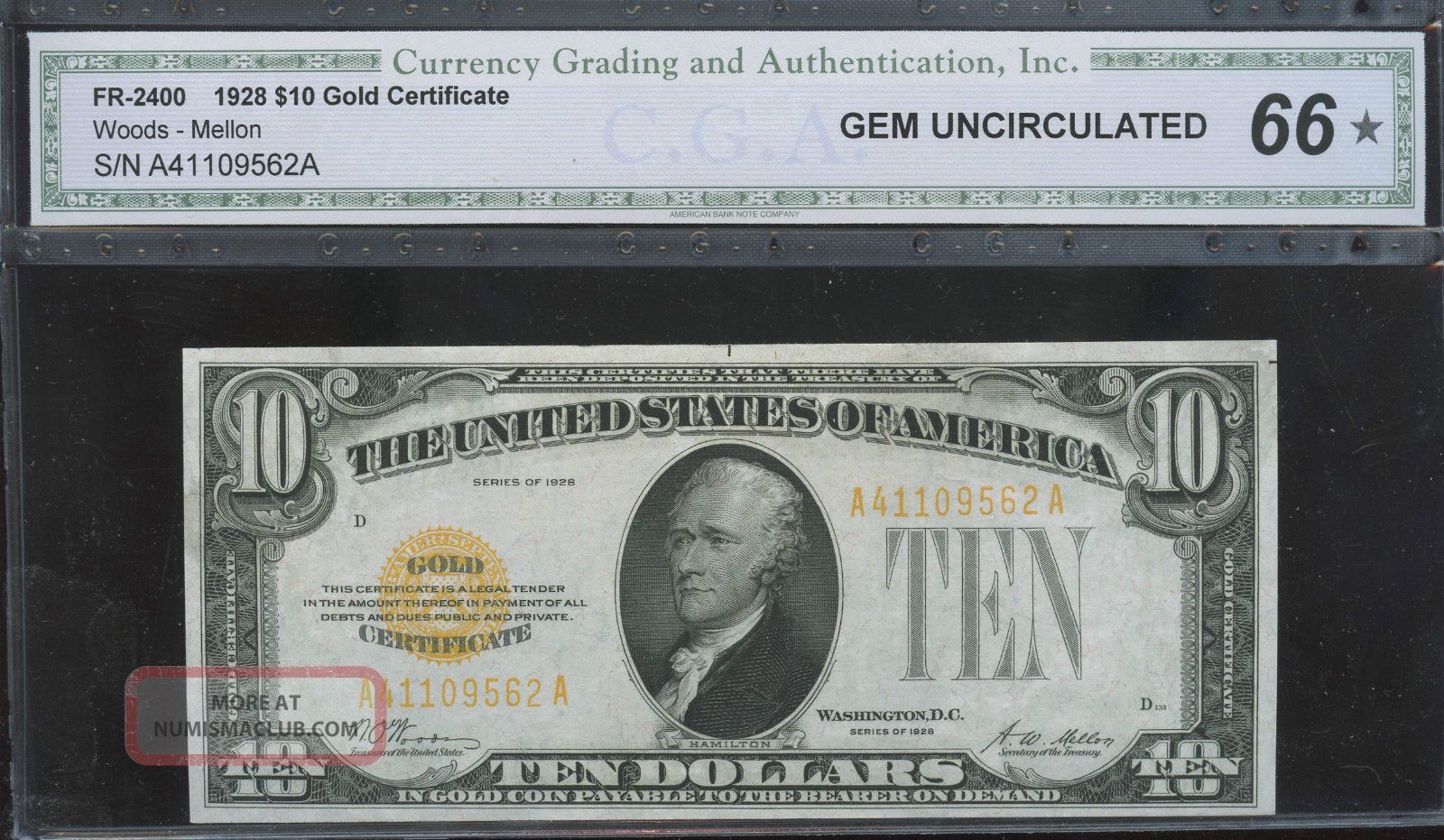 $10 1928 Gold Certificate Cga Gem 66 2 Of 2 Tremendous Small Size Notes photo