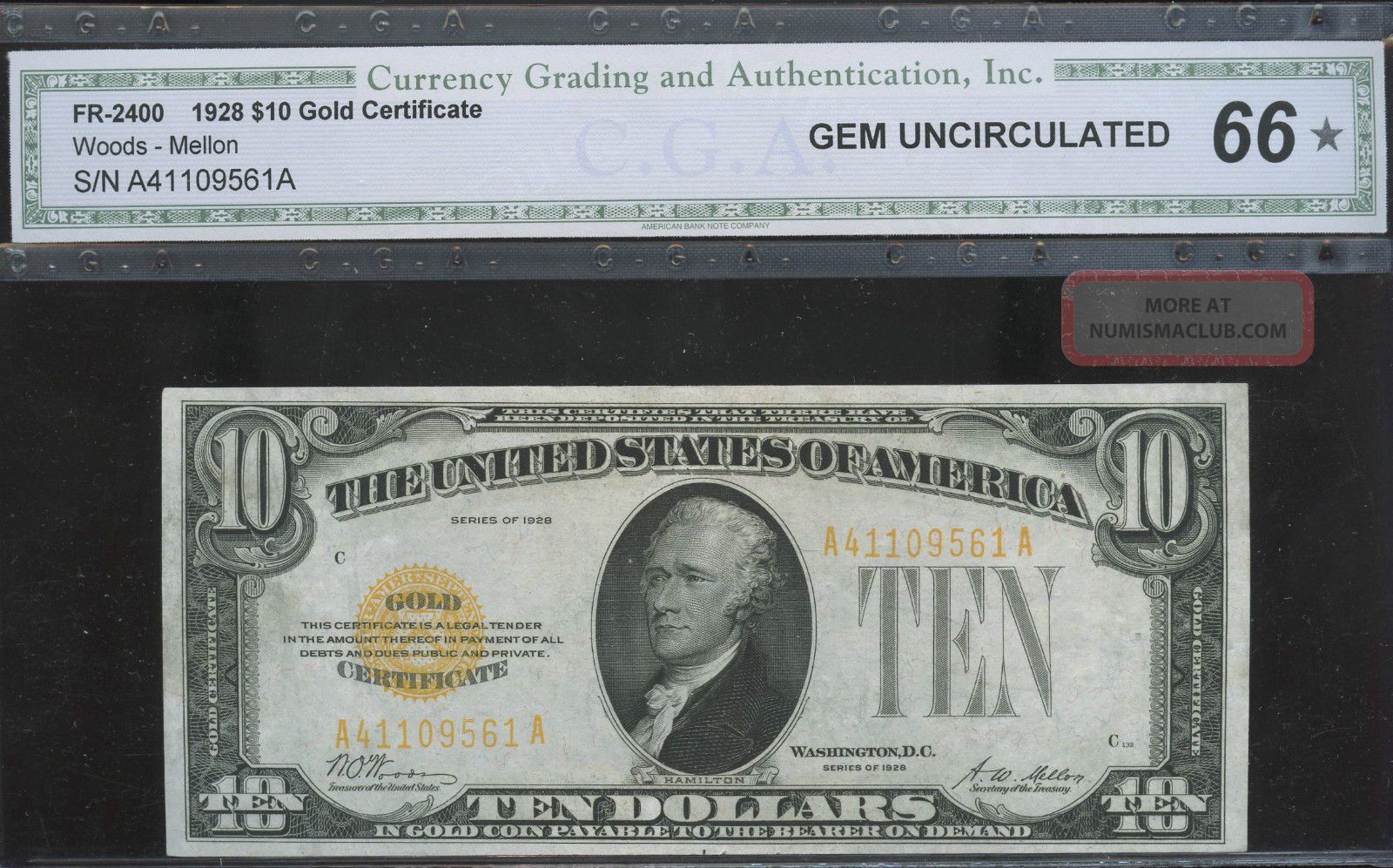$10 1928 Gold Certificate Cga Gem 66 1 Of 2 Awesome Small Size Notes photo