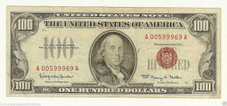 1966 $100.  00 Us Red Seal Note - Circulated Grade Us Currency photo