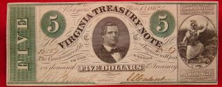 1862 Virginia Treasury $5.  00 Note In Crisp Uncirculated.  Civil War photo