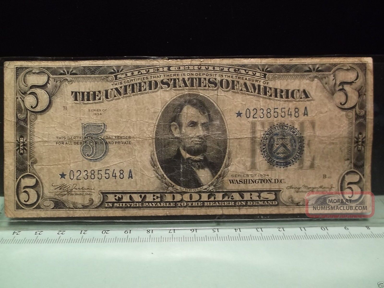 1934 $5 00 Silver Certificate Star Note S/n 02385548 A In Vg With No