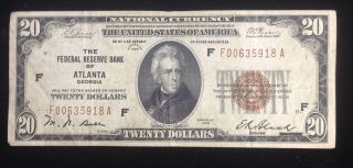 1929 Atlanta Federal Reserve Note $20 Dollar Bill Circulated Brown Seal photo