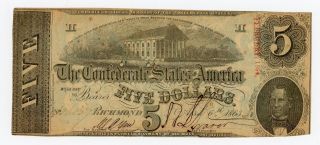 1863 T - 60 $5 The Confederate States Of America Note - Civil War Era photo