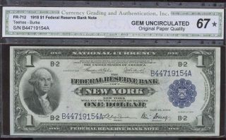 $1 1918 Federal Reserve Bank Note York Cga Gem 67 Opq photo