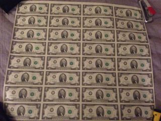 2003 $2 Uncut Sheet 32 Subject Two Dollar Bills United States Currency Money photo