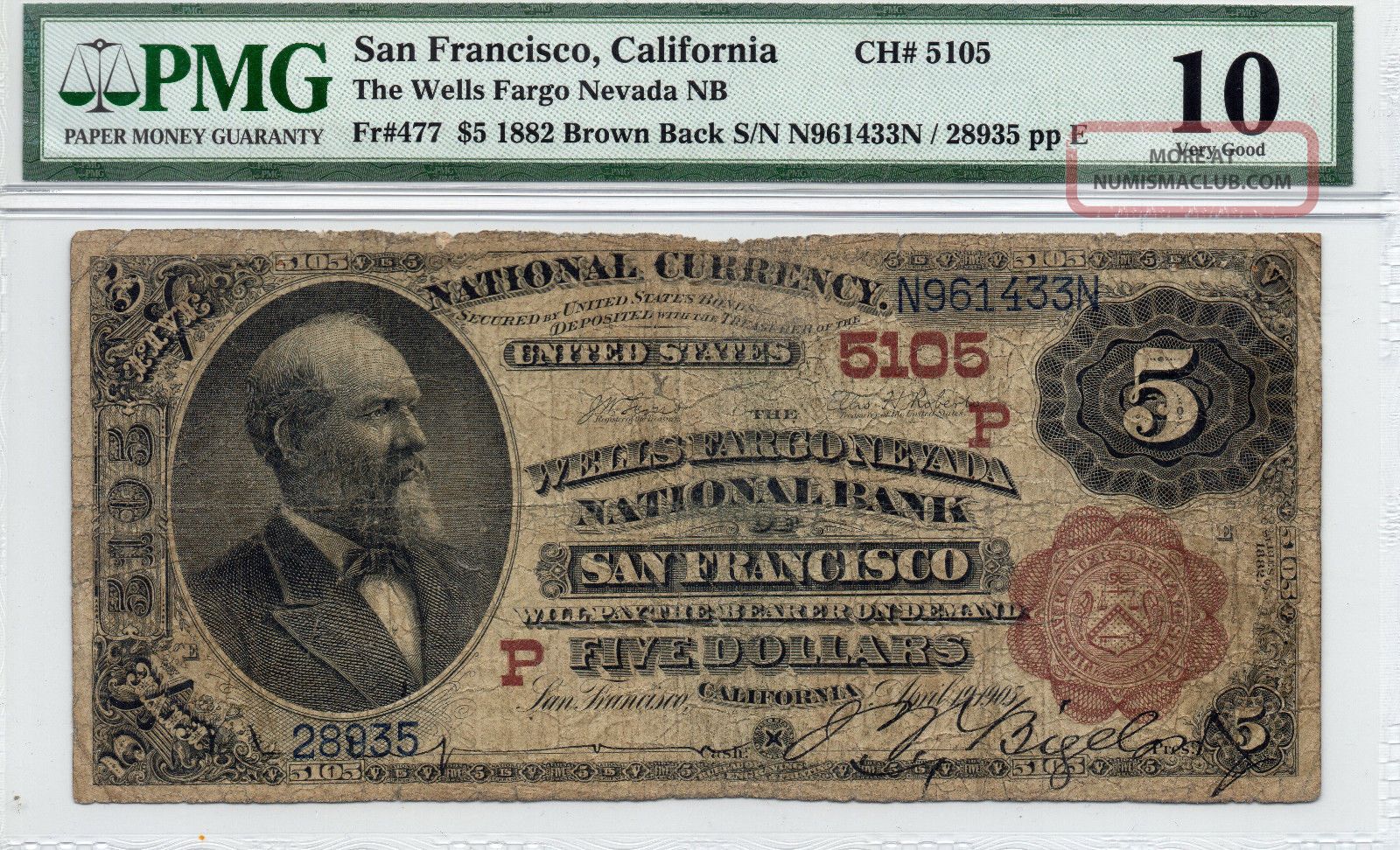 1882 $5 San Francisco,  California.  Ch 5105.  Pmg - 10 Paper Money: US photo