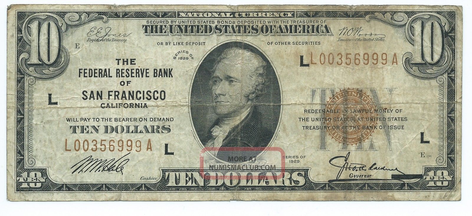 1929 $10.  00 National Banknote - - The Federal Reserve Of San Francisco,  Ca Paper Money: US photo