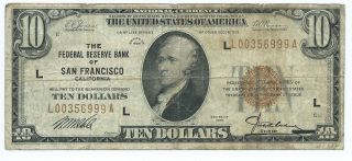 1929 $10.  00 National Banknote - - The Federal Reserve Of San Francisco,  Ca photo