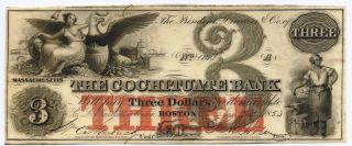 1853 $3 Cochituate Obsolete Bank Note After First Item photo