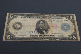 1914 $5 Dollar Federal Reserve Note Bank Of Cleveland,  Oh Blue Seal Estate Find photo