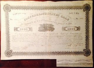 1861 Civil War,  $1000 Confederate Bond,  W/2 - $40 Coupons,  Serial 1503 photo