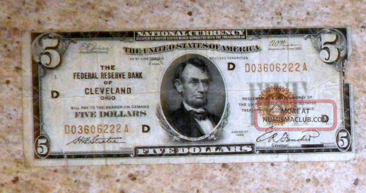 1929 $5 Five Dollar National Currency Cleveland Brown Seal Paper Money: US photo
