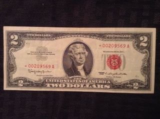 1963 $2 Dollar Bill Red Seal Star Note Serial 0020969a Circulated photo