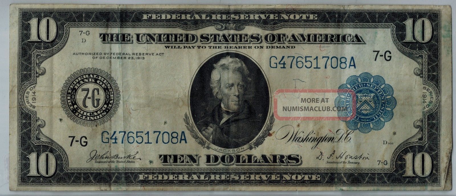 1914 $10 Federal Reserve Note Fr 930 Burke Houston Large Size Notes photo