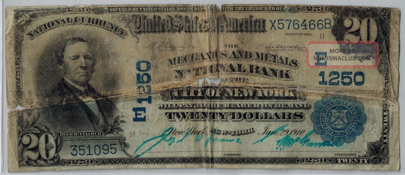 1902 $20 Mechanics And Metals National Bank Of The City Of York Ch 1250 Paper Money: US photo